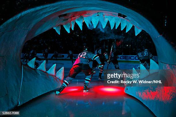 Patrick Marleau of the San Jose Sharks skates out from the shark's head during pregame introductions of the game against the Nashville Predators in...