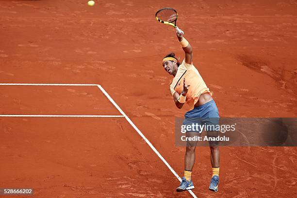 Rafael Nadal of Spain in action against Joao Sousa of Portugal in their quarter final round match during the Mutua Madrid Open tennis tournament at...