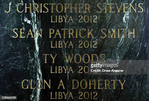 The names of those killed in the 2012 attack on the U.S. Mission in Benghazi, Libya, including Christopher Stevens, are seen on the memorial wall...