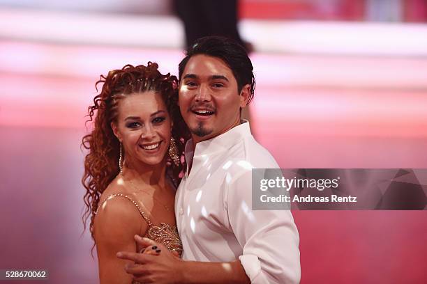 Erich Klann and Oana Nechiti smile during the 8th show of the television competition 'Let's Dance' on May 06, 2016 in Cologne, Germany.