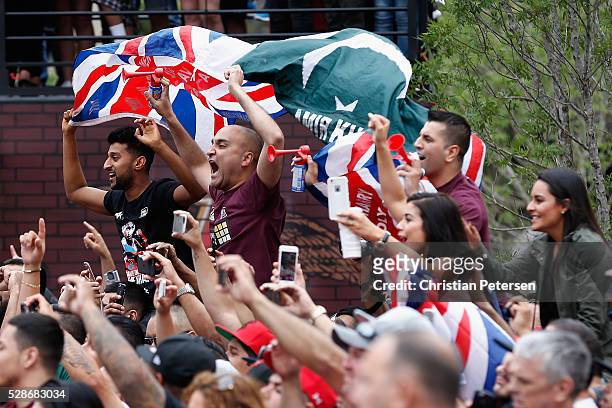 Fans of Amir Khan cheer during his official weigh-in at T-Mobile Arena - Toshiba Plaza on May 6, 2016 in Las Vegas, Nevada. Khan will meet Canelo...