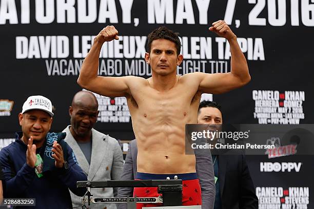 Mauricio Herrera poses during his official weigh-in at T-Mobile Arena - Toshiba Plaza on May 6, 2016 in Las Vegas, Nevada. Herrera will meet Frankie...