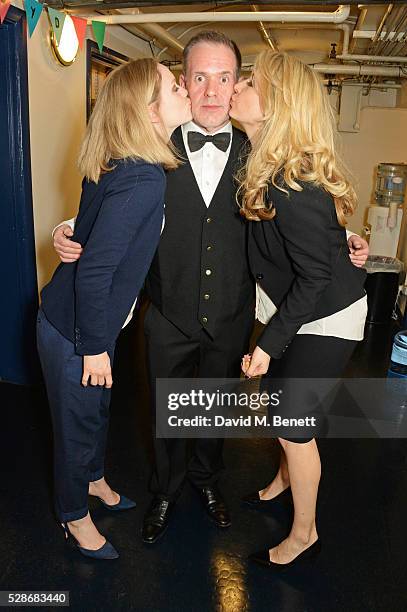 As Chris Moyles poses backstage with cast members Christina Cole and Jennifer Mudge after joining the cast of Matthew Perry's "The End Of Longing" in...