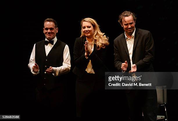 Chris Moyles, Jennifer Mudge and Matthew Perry bow at the curtain call as Moyles joins the cast of Matthew Perry's "The End Of Longing" in the role...