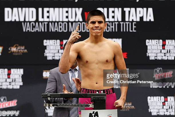 Diego De La Hoya poses during his official weigh-in at T-Mobile Arena - Toshiba Plaza on May 6, 2016 in Las Vegas, Nevada. De La Hoya will meet Rocco...