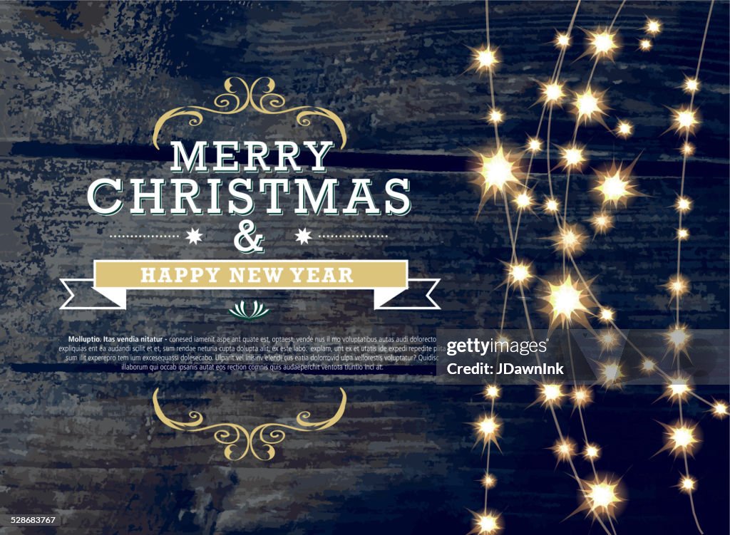 Merry Christmas and New Year invitation template with string lights