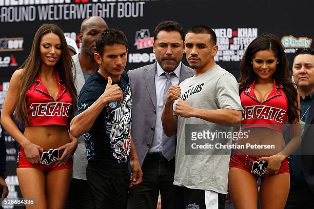 Mauricio Herrera and Frankie Gomez pose together during their official weigh-in at T-Mobile Arena - Toshiba Plaza on May 6, 2016 in Las Vegas,...