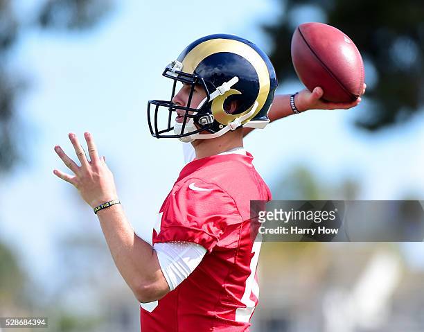 Jared Goff of the Los Angeles Rams throws during a Los Angeles Rams rookie camp on May 06, 2016 in Oxnard, California.