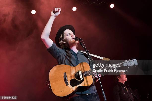 Singer Wesley Schultz of the American band The Lumineers performs live during a concert at the Admiralspalast on May 6, 2016 in Berlin, Germany.