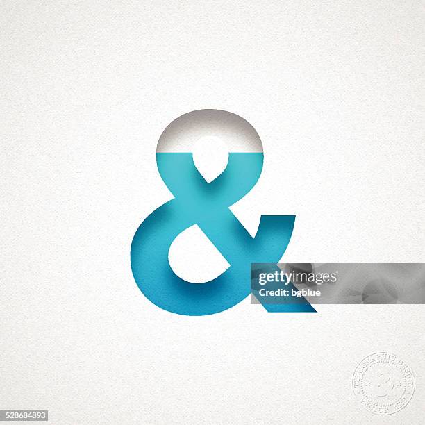 ampersand symbol - & - blue symbol on watercolor paper - letterpress stock illustrations