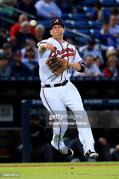 Reid Brignac of the Atlanta Braves throws to first for an out in the third inning against the Arizona Diamondbacks at Turner Field on May 6, 2016 in...