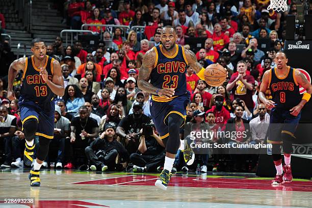LeBron James of the Cleveland Cavaliers drives against the Atlanta Hawks during Game Three of the Eastern Conference Semifinals during the 2016 NBA...
