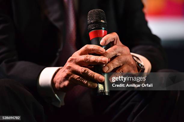 Detail of Mario Vargas Llosa's hands during a conference to present his book Cinco esquinas as part of Buenos Aires International Book Fair at La...
