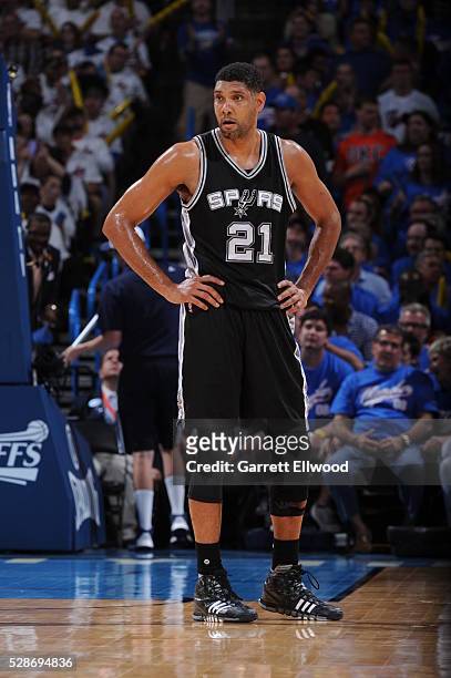 Tim Duncan of the San Antonio Spurs is seen during the game against the Oklahoma City Thunder in Game Three of the Western Conference Semifinals of...