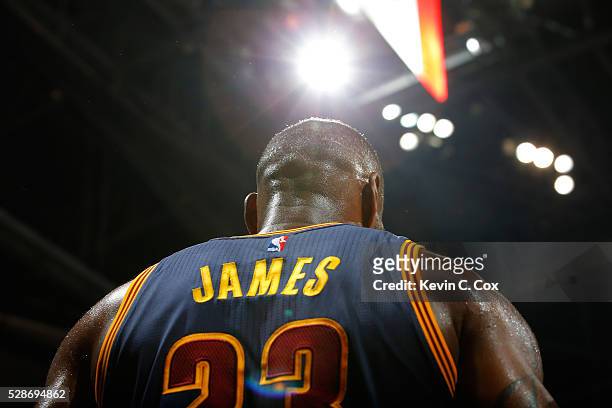 LeBron James of the Cleveland Cavaliers looks on in the final seconds of their 121-108 win over the Atlanta Hawks in Game Three of the Eastern...