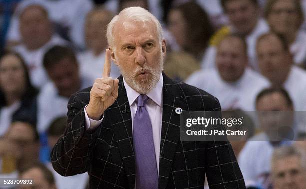 Gregg Popovich of the San Antonio Spurs calls instructions to his team as they play the Oklahoma City Thunder during the first half of Game Three of...