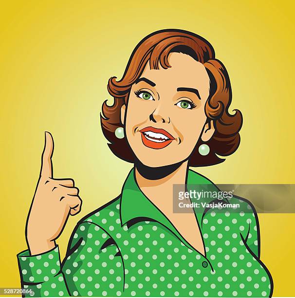 ilustrações de stock, clip art, desenhos animados e ícones de mulher apontando o dedo para cima gesto-estilo retrô - mulher sorrindo