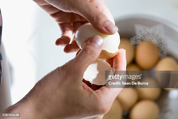 woman peeling shell from boiled egg - kokat ägg bildbanksfoton och bilder