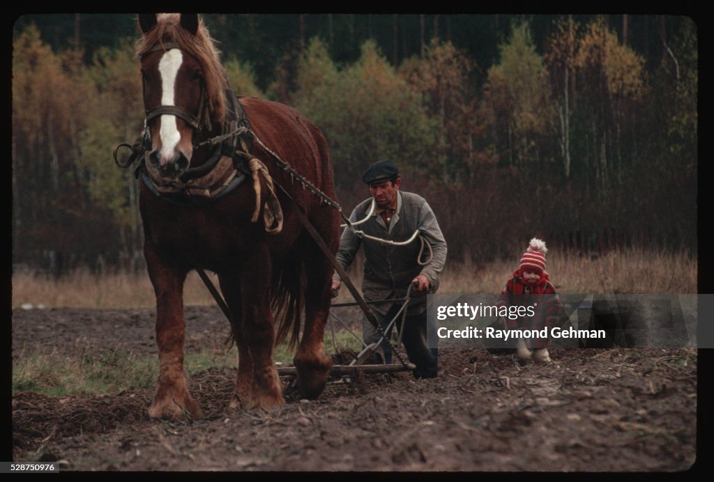 Farmer and Granddaughter Plowing Field