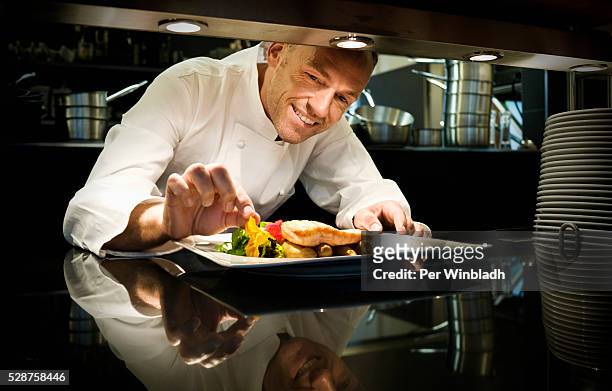 chef garnishing a meal - gourmet stock pictures, royalty-free photos & images