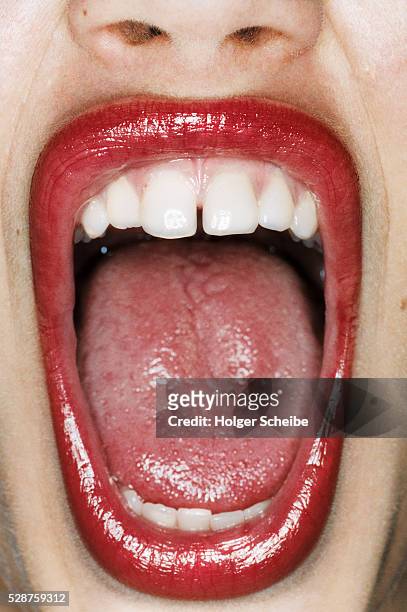 mouth of a young woman (screaming) - gender stereotypes stock-fotos und bilder