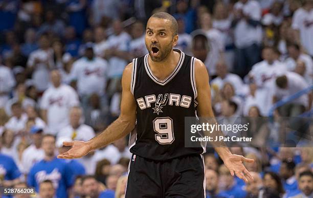 Tony Parker of the San Antonio Spurs reacts after fouling an Oklahoma City Thunder player during the second half of Game Three of the Western...