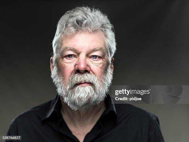 portrait real man with beard, looking straight in camera - sulking stock pictures, royalty-free photos & images