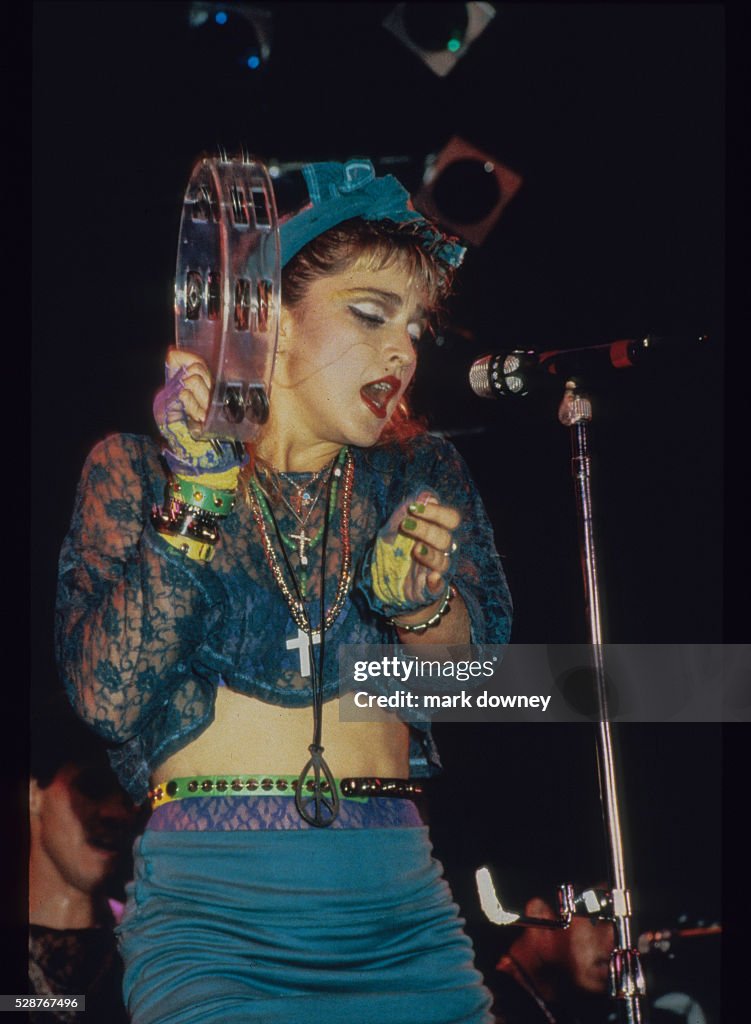 Madonna on stage for her 1985 Virgin Tour.