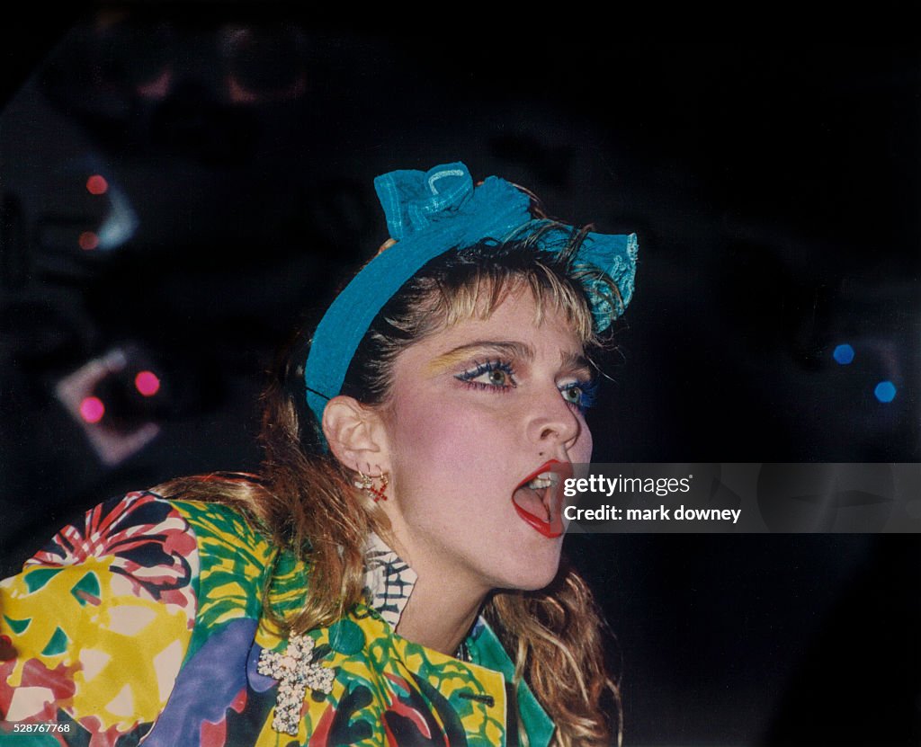 Madonna on stage for her 1985 Virgin Tour.