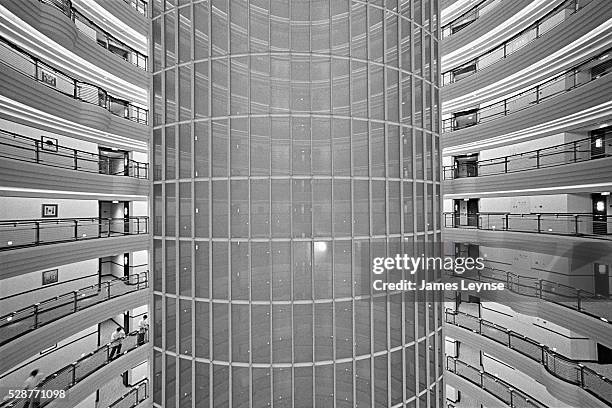 The interior atrium of the Grand Hyatt Hotel in Pudong. The hotel, which claims to be the tallest hotel in the world, takes up the top half of the...