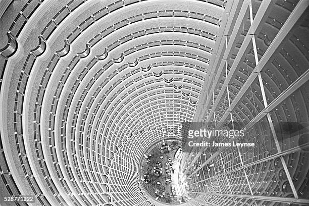 The interior atrium of the Grand Hyatt Hotel in Pudong. The hotel, which claims to be the tallest hotel in the world, takes up the top half of the...