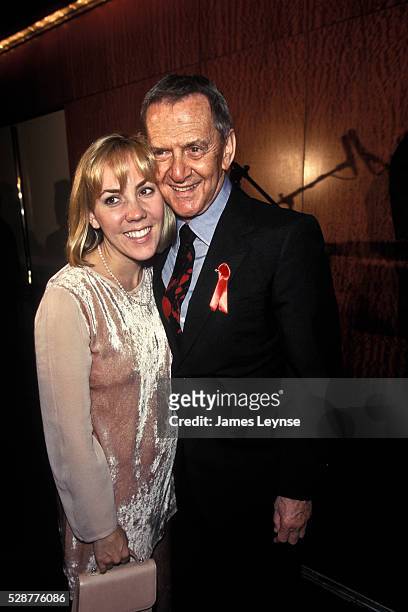 Tony Randall with his wife Heather Harlan attend a press conference announcing ITT's new electronic display in Times Square.