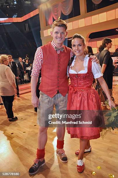 Thomas Morgenstern and Roswitha Wieland pose during the 'Dancing Stars' finals in Vienna at ORF Zentrum on May 6, 2016 in Vienna, Austria.