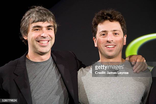 Larry Page and Sergey Brin , the co-founders of Google, at a press event where Google and T-Mobile announced the first Android powered cellphone, the...