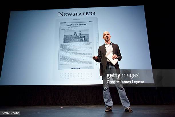 Jeff Bezos, the CEO of Kindle, announcing the new Kindle DX electronic book reader. Along with the new device, which is larger than the original...