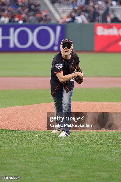 Drummer Lars Ulrich of Metallica throws the opening pitch at AT&T Park on May 6, 2016 in San Francisco, California.