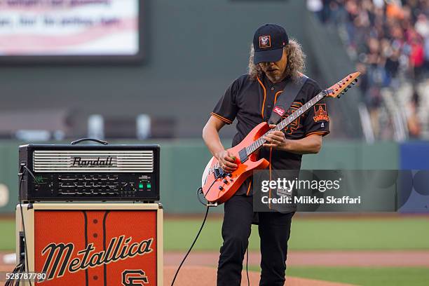 Guitarist Kirk Hammett of Metallica performs The National Anthem at AT&T Park on May 6, 2016 in San Francisco, California.