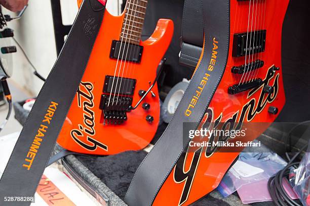 The special ESP guitar gear of guitarists James Hetfield and Kirk Hammett of Metallica before they perform The National Anthem at AT&T Park on May 6,...