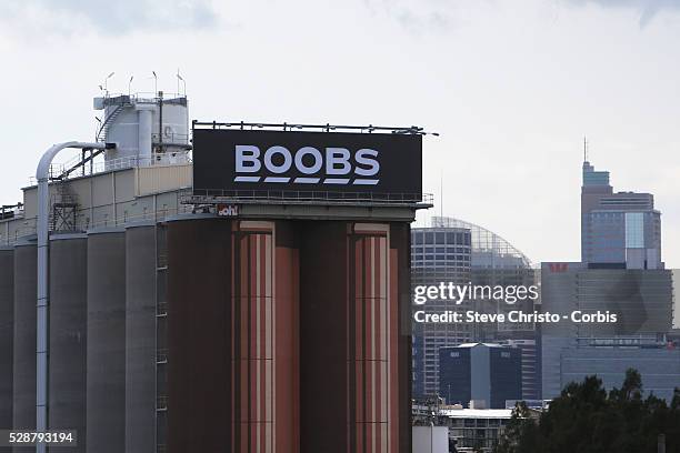 Billboard with the word 'BOOBS' in the style of the Bonds logo has appeared next to the ANZAC Bridge in Sydney. Tuesday 8th October 2013.