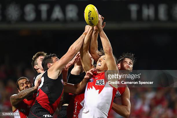 Kurt Tippett of the Swans contests the ball during the round seven AFL match between the Sydney Swans and the Essendon Bombers at Sydney Cricket...