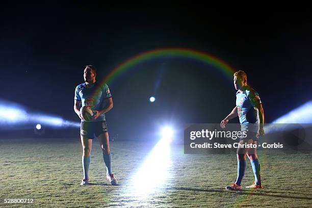 Josh Reynolds and Trent Hodkinson during filming at Coffs Harbour, New South Wales, Australia. Wednesday 22nd May 2014.