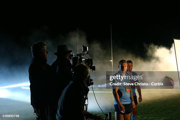 Josh Reynolds and Trent Hodkinson during filming at Coffs Harbour, New South Wales, Australia. Wednesday 22nd May 2014.