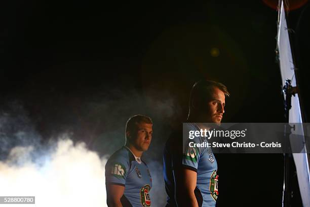 Josh Reynolds and Trent Hodkinson wait to be filmed at Coffs Harbour, New South Wales, Australia. Wednesday 22nd May 2014.