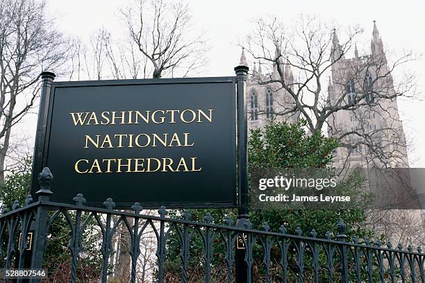 Sign reading "WASHINGTON NATIONAL CATHEDRAL" is posted above the fence of the cathedral in Washington, DC. President George W. Bush and family will...