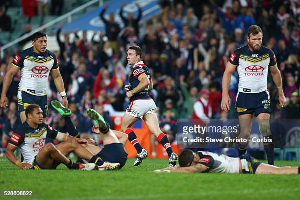 Roosters James Maloney kicks the winning field goal against the Cowboys during the match at Allianz Stadium. Sydney, Australia. Friday 19th September...