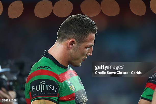 Rabbitohs Sam Burgess congratulates teammates after beating the Roosters in the Preliminary Final to book a spot in the Grand Final at ANZ Stadium....