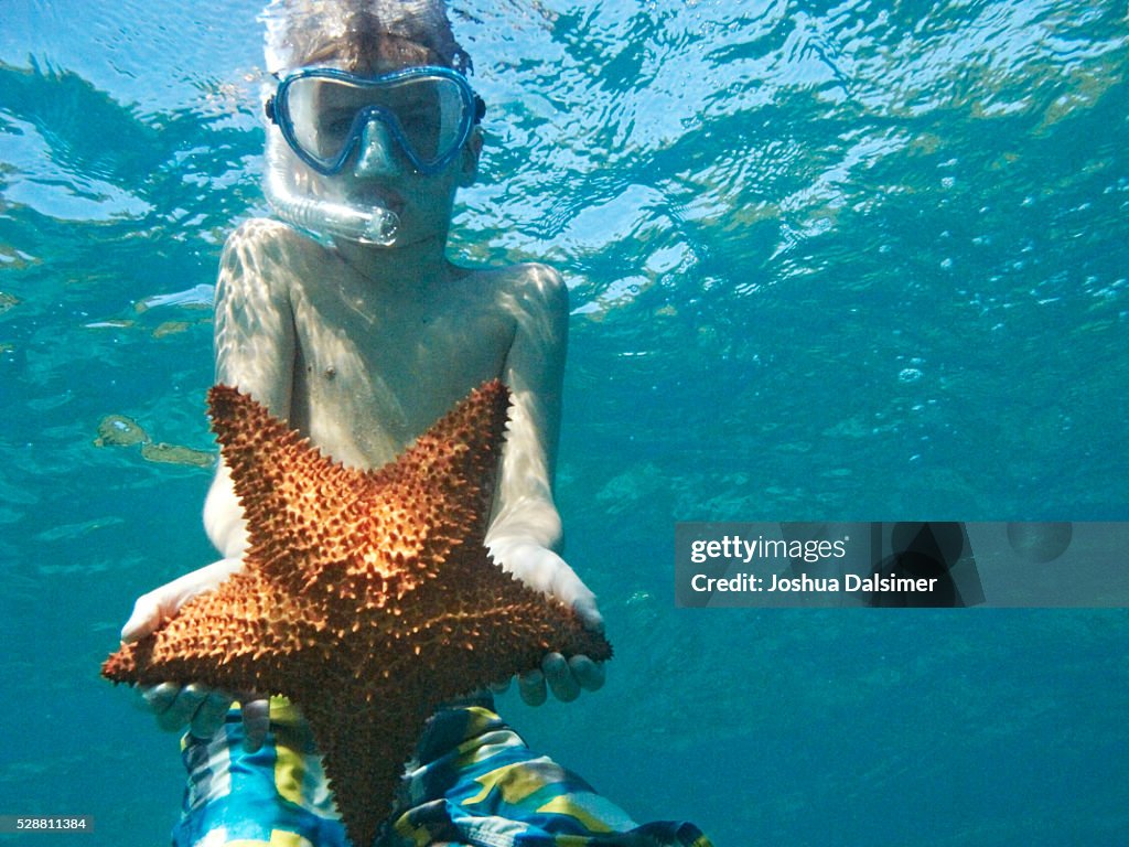 Boy underwater with Star fish