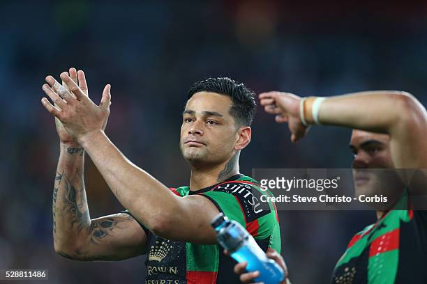 Rabbitohs captain John Sutton thanks fans after beating the Roosters in the Preliminary Final to book a spot in the Grand Final at ANZ Stadium....
