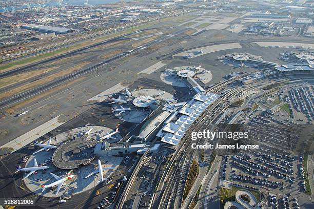 Aerial view of commercial jets at Newark Liberty International Airport