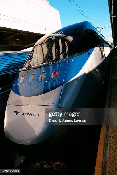 Exterior of Acela express train at Union Station prior to its trial run from Washington DC to Boston.